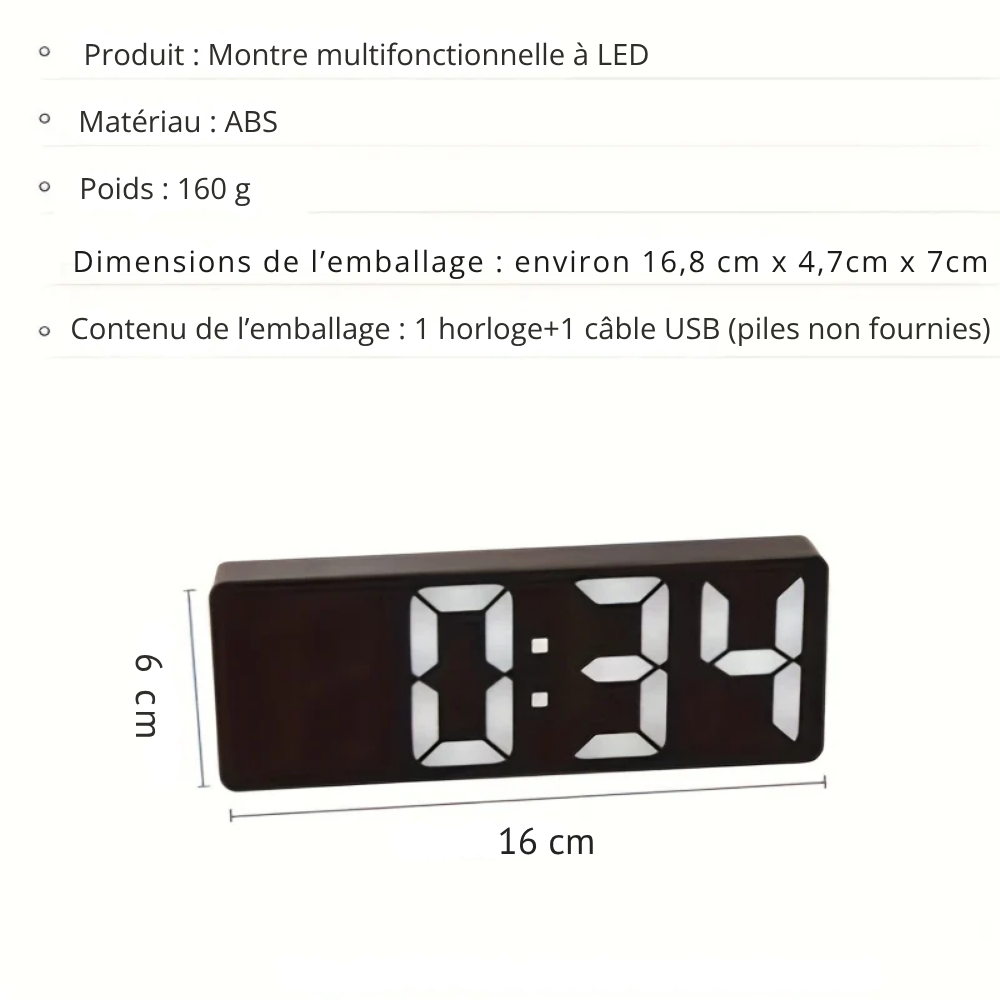 Horloge LED Intelligente à Contrôle Vocal – Réveil Numérique Silencieux avec Luminosité Réglable