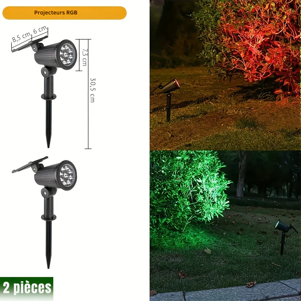 2 Spots Solaires 9 LED RGB IP65 pour Jardin – Projecteurs Extérieurs à Luminosité Réglable