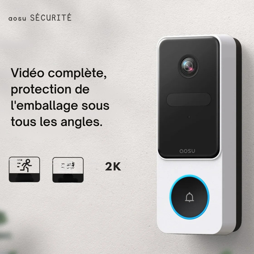 Sonnette Vidéo Sans Fil AOSU 3MP Wi-Fi 2,4 GHz avec Détection Humaine et Alexa