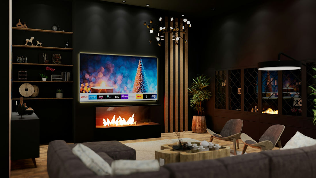 Salon cosy avec une grande télévision allumée et une cheminée