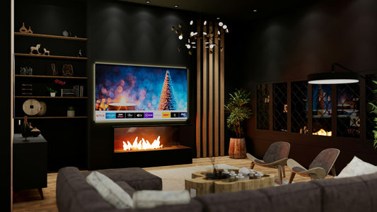 Salon cosy avec une grande télévision allumée et une cheminée
