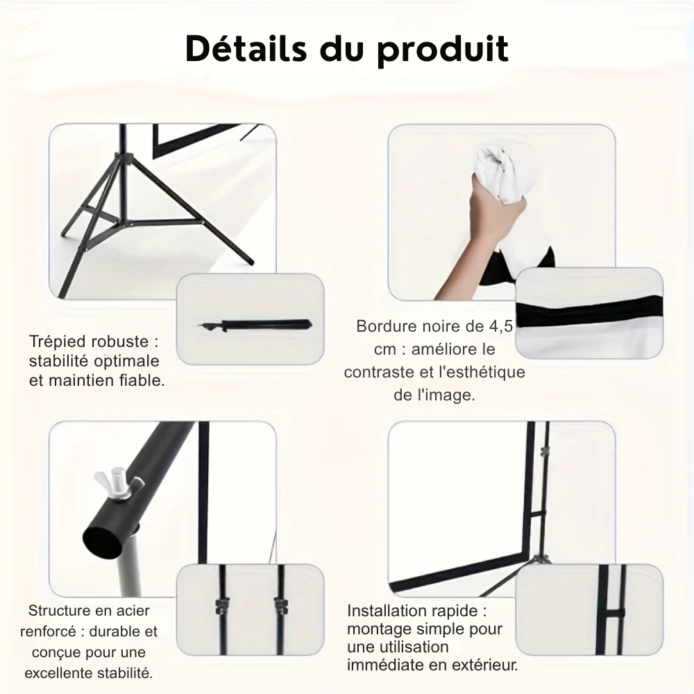 Écran de Projection Portable Extérieur 120 Pouces avec Trépied Robuste – Toile de Cinéma Compatible Tous Projecteurs