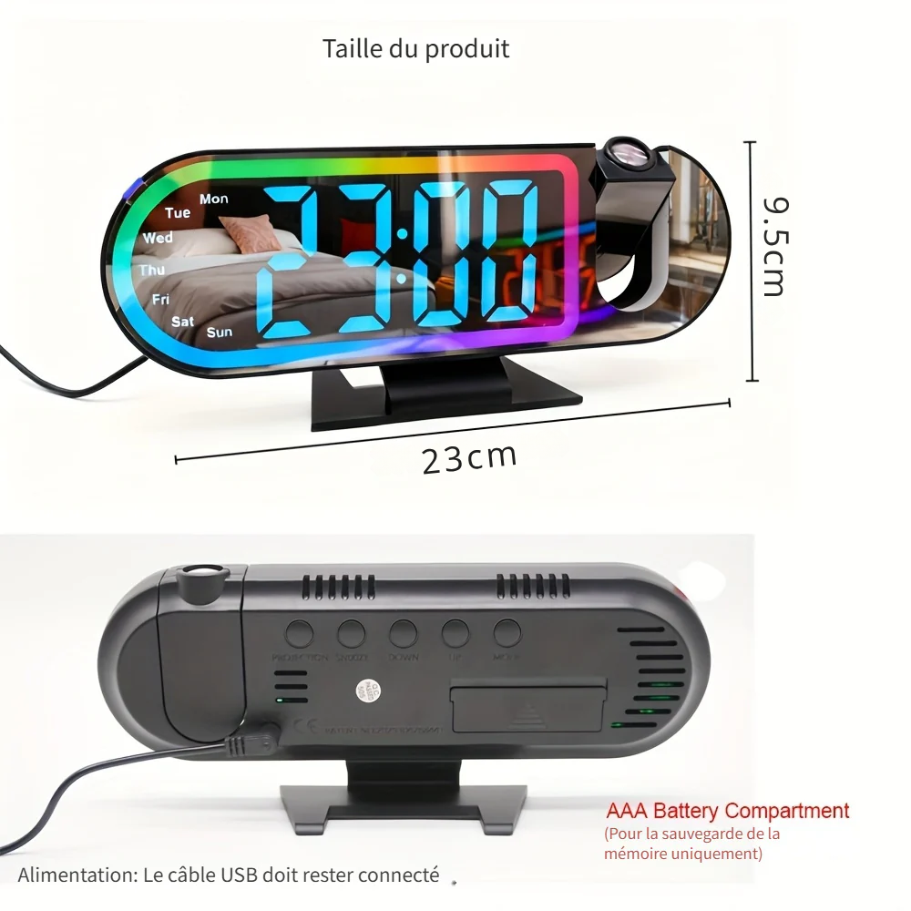 Réveil à Projection LED USB – Horloge Numérique avec Projection au Plafond et Mémoire Intégrée