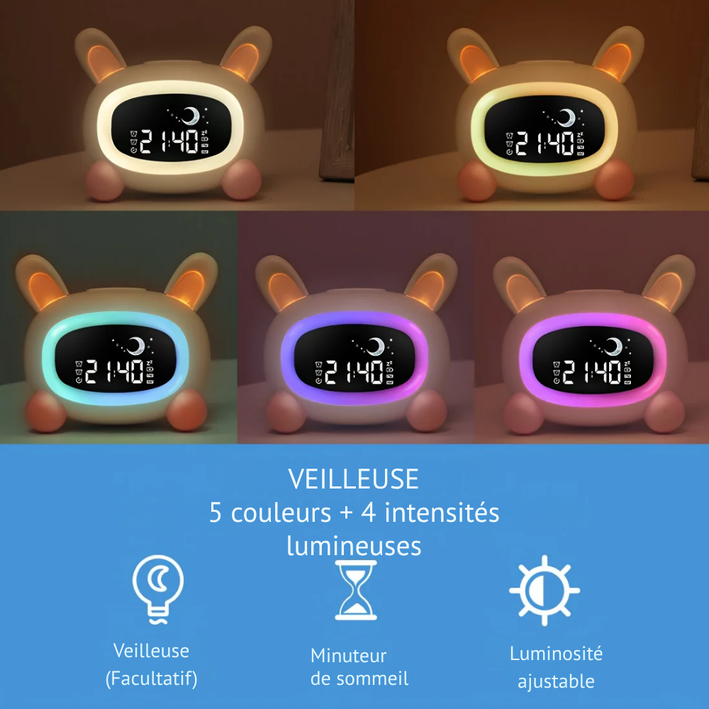 Réveil Portable USB Rechargeable avec Double Alarme, Veilleuse LED et Bruit Blanc pour Enfant