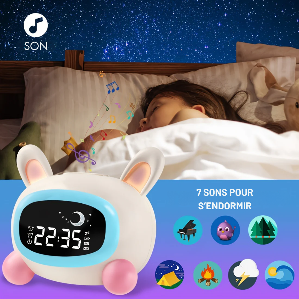 Réveil Portable USB Rechargeable avec Double Alarme, Veilleuse LED et Bruit Blanc pour Enfant