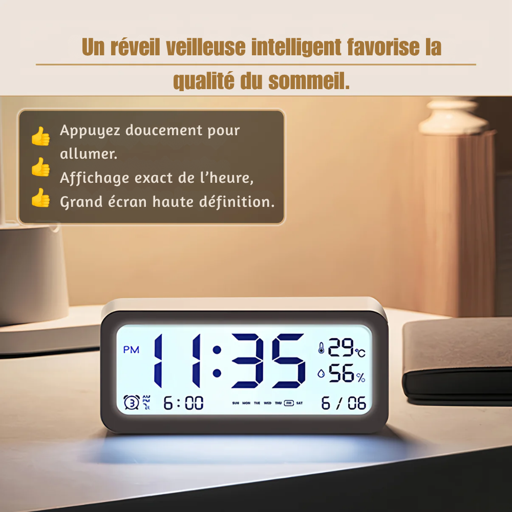 Réveil Numérique avec Veilleuse, Mode Sommeil Intelligent et Moniteur Température/Humidité