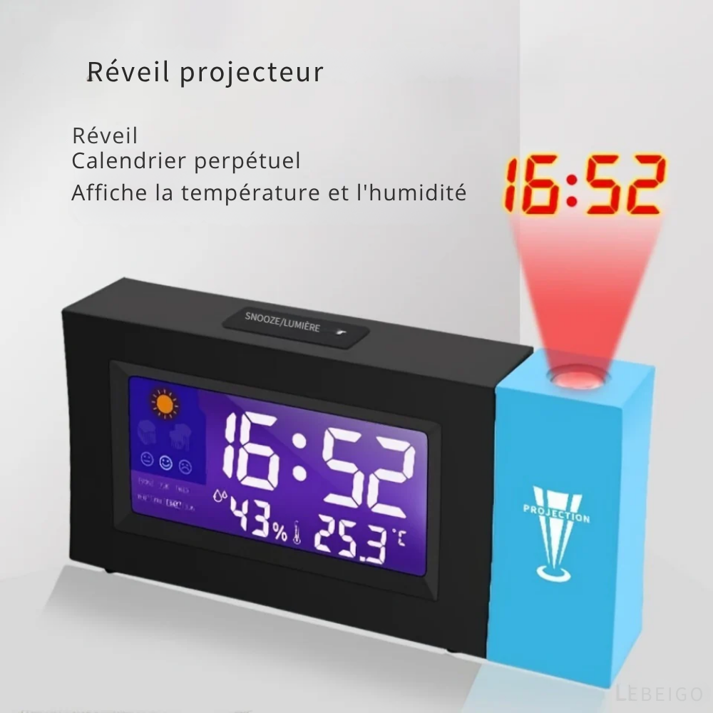 Réveil Numérique projecteur avec Température, Humidité et Rétroéclairage Vocal