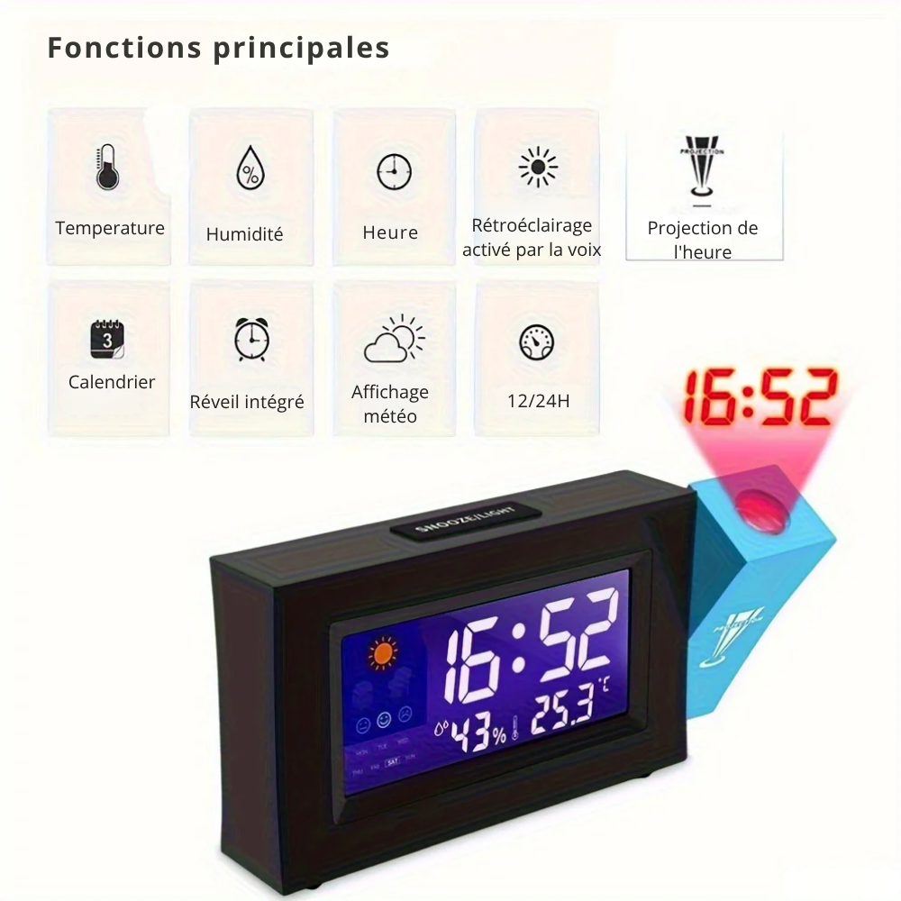 Réveil Numérique projecteur avec Température, Humidité et Rétroéclairage Vocal