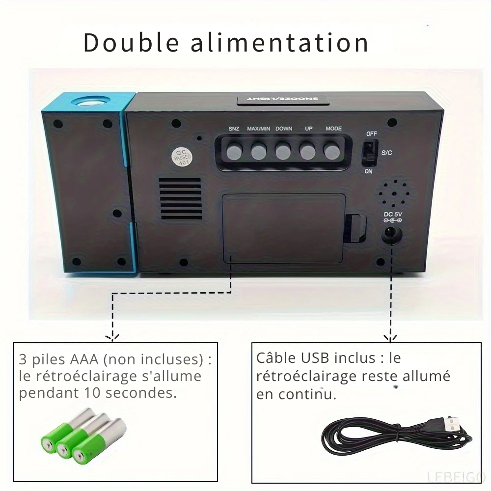 Réveil Numérique projecteur avec Température, Humidité et Rétroéclairage Vocal