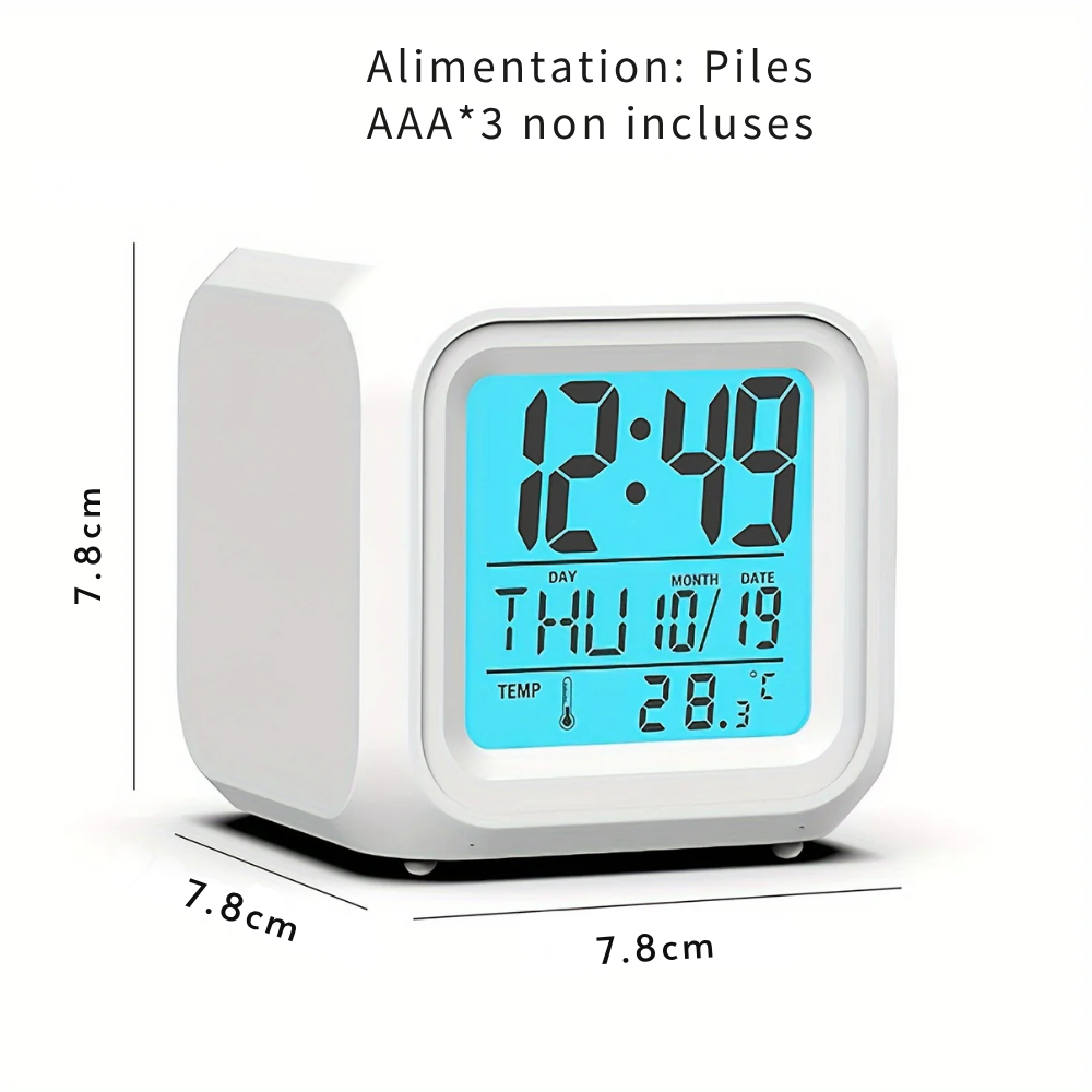 Réveil Silencieux LED 7 Couleurs – Veilleuse et Thermomètre Intégré