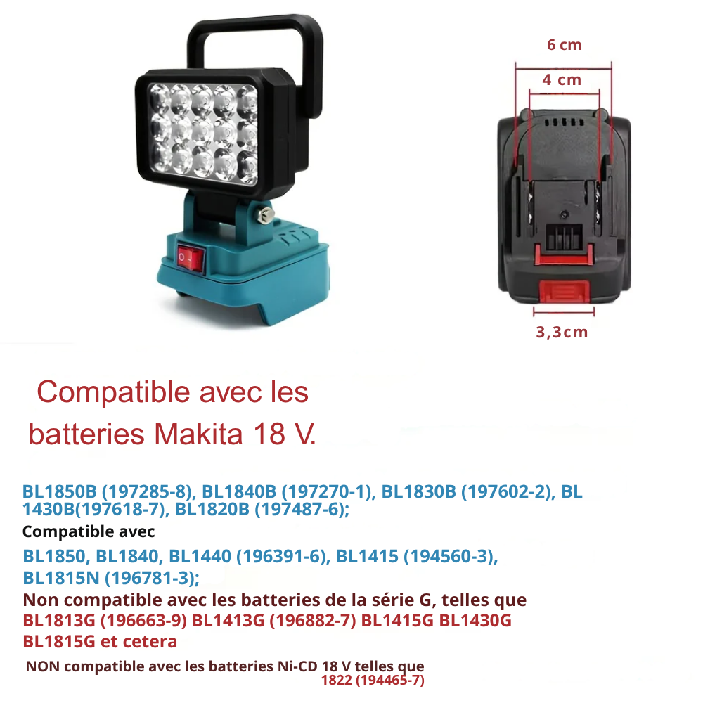 Lampe de Travail LED Portable 15 LED Compatible Batterie Makita 18V Li-ion – Projecteur Rechargeable Puissant