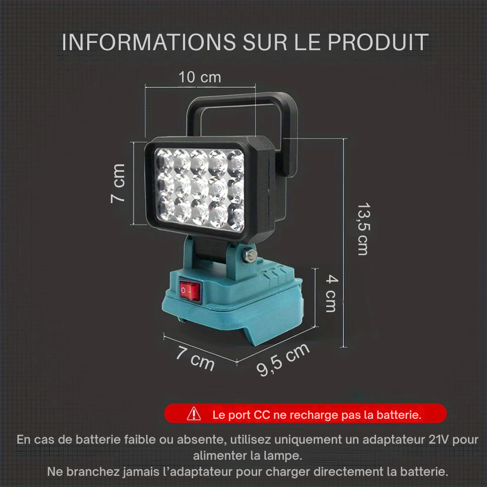 Lampe de Travail LED Portable 15 LED Compatible Batterie Makita 18V Li-ion – Projecteur Rechargeable Puissant