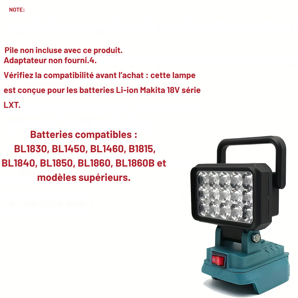 Lampe de Travail LED Portable 15 LED Compatible Batterie Makita 18V Li-ion – Projecteur Rechargeable Puissant