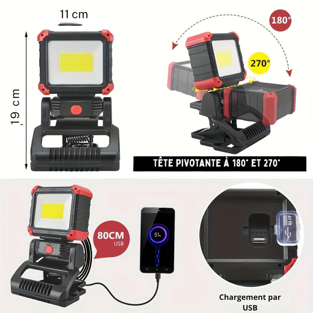 Lampe de Travail LED Rechargeable Magnétique 1000 Lumens – Éclairage Portable pour Chantier et Réparation Auto