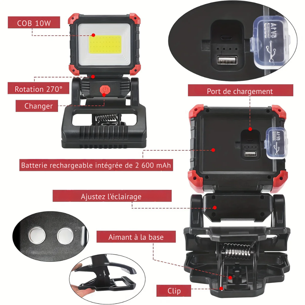 Lampe de Travail LED Rechargeable Magnétique 1000 Lumens – Éclairage Portable pour Chantier et Réparation Auto