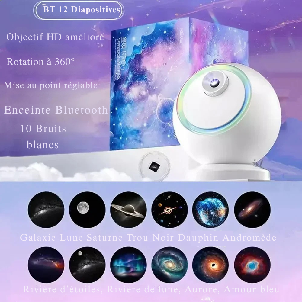 Projecteur d’étoiles enfant 12-en-1 – Veilleuse ciel étoilé 360° avec Bluetooth