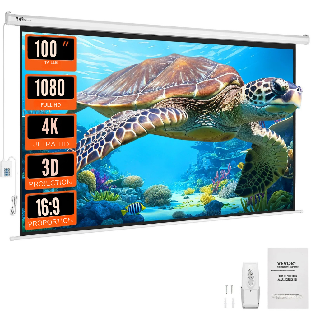 Écran vidéoprojecteur motorisé 100 pouces 16:9 – Compatible 4K & 1080p, Cinéma Maison et Bureau