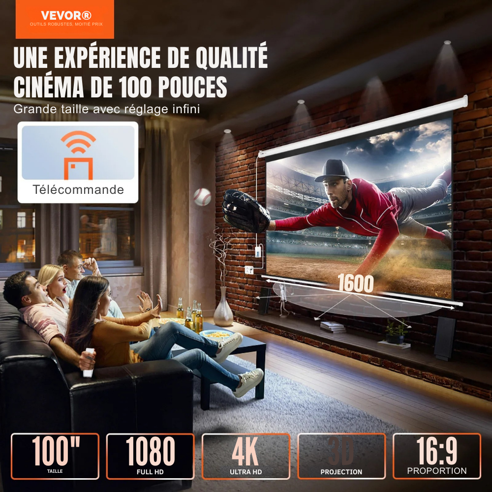 Écran vidéoprojecteur motorisé 100 pouces 16:9 – Compatible 4K & 1080p, Cinéma Maison et Bureau