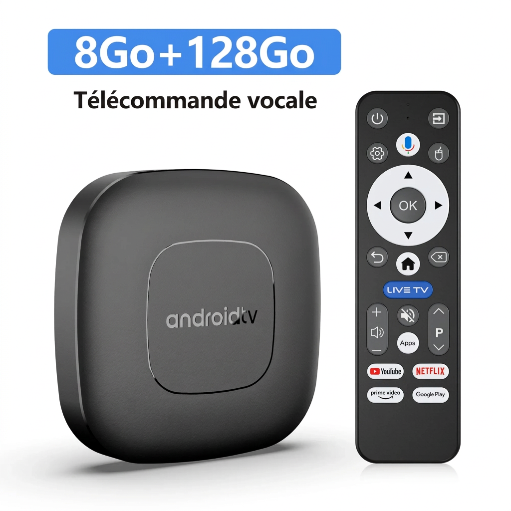 Box Android TV 4K – 8 Go + 128 Go, télécommande vocale – version française