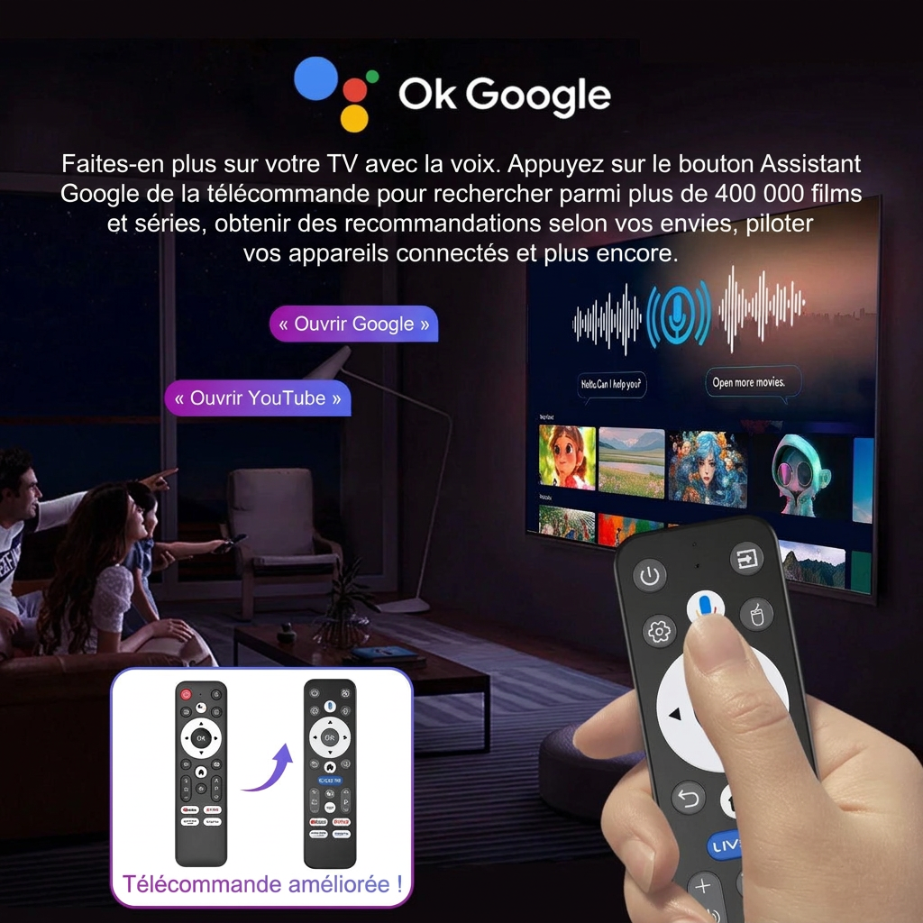 Box Android TV branchée à un téléviseur – version française