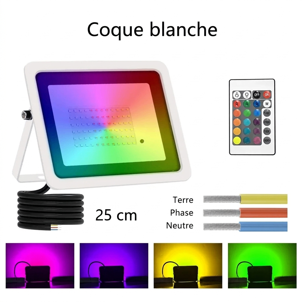 Projecteur LED RGB extérieur 220 V – boîtier blanc – version française