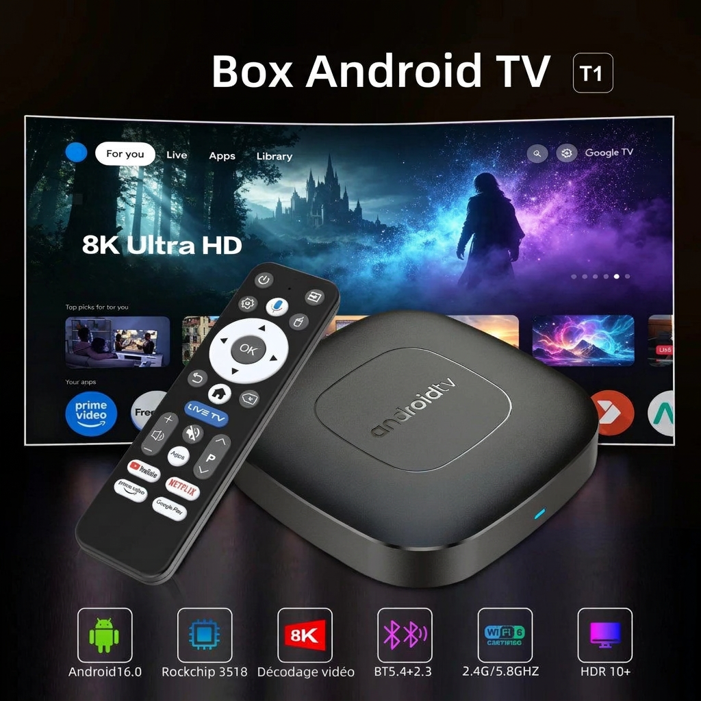 Box Android TV avec télécommande vocale